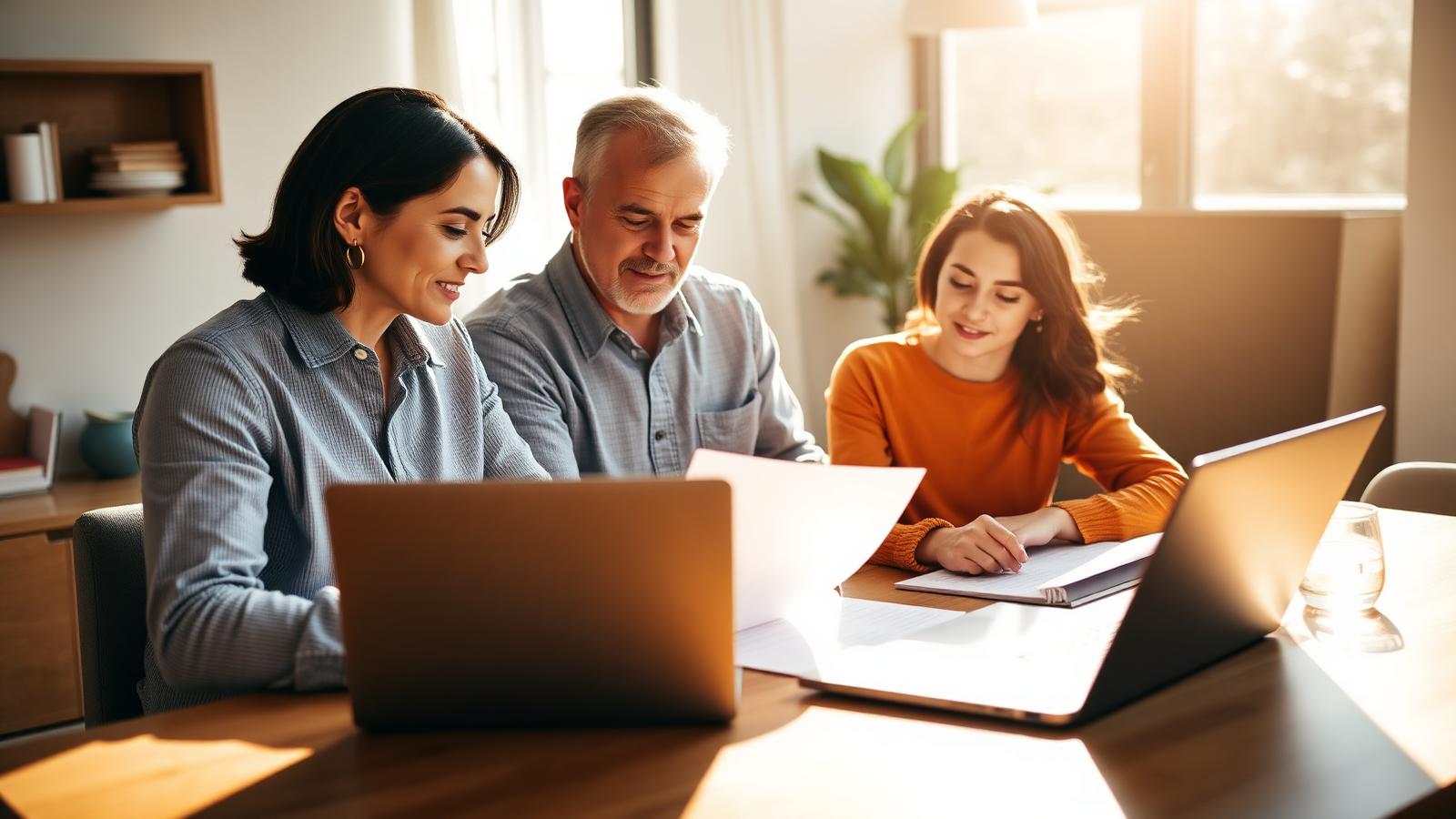 Family reviewing their insurance policies together at a sunlit home desk