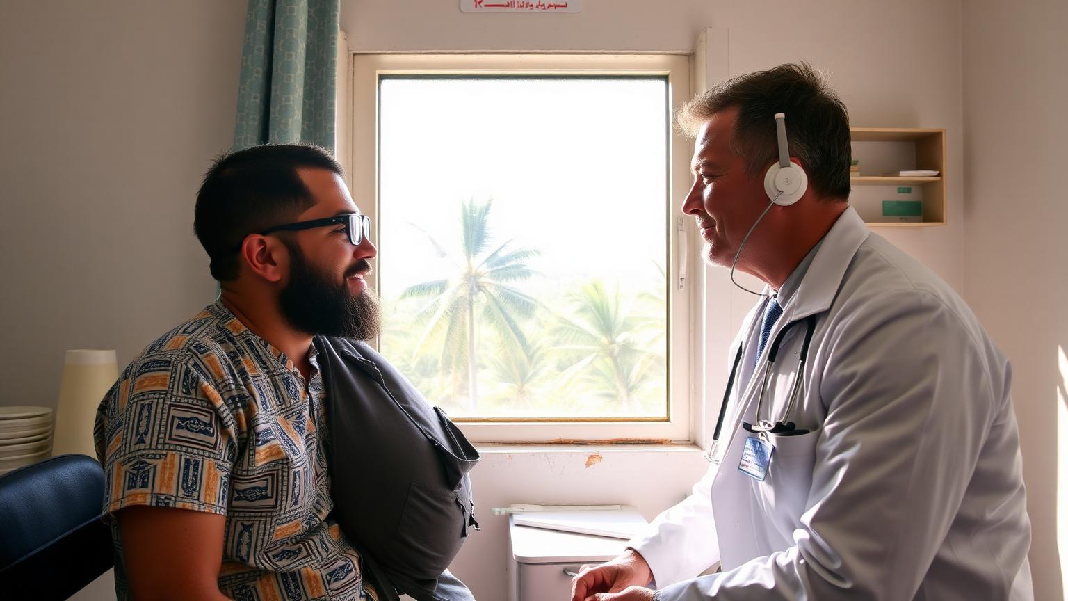 Traveler being examined by a doctor at a tropical clinic